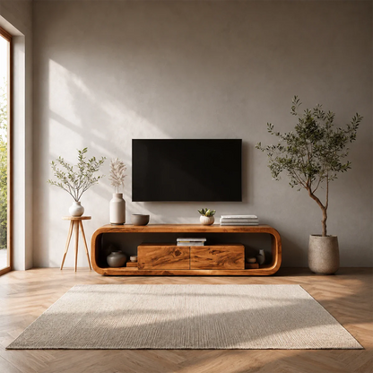 Curved Natural Solid Wood TV Stand with Hidden Storage and Open Shelf