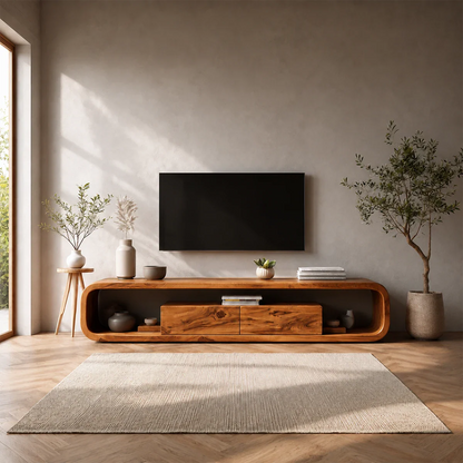 Curved Natural Solid Wood TV Stand with Hidden Storage and Open Shelf