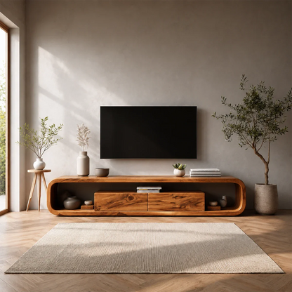 Curved Natural Solid Wood TV Stand with Hidden Storage and Open Shelf