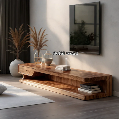 A modern wood TV stand with minimalist structure brings warmth and simplicity to this room