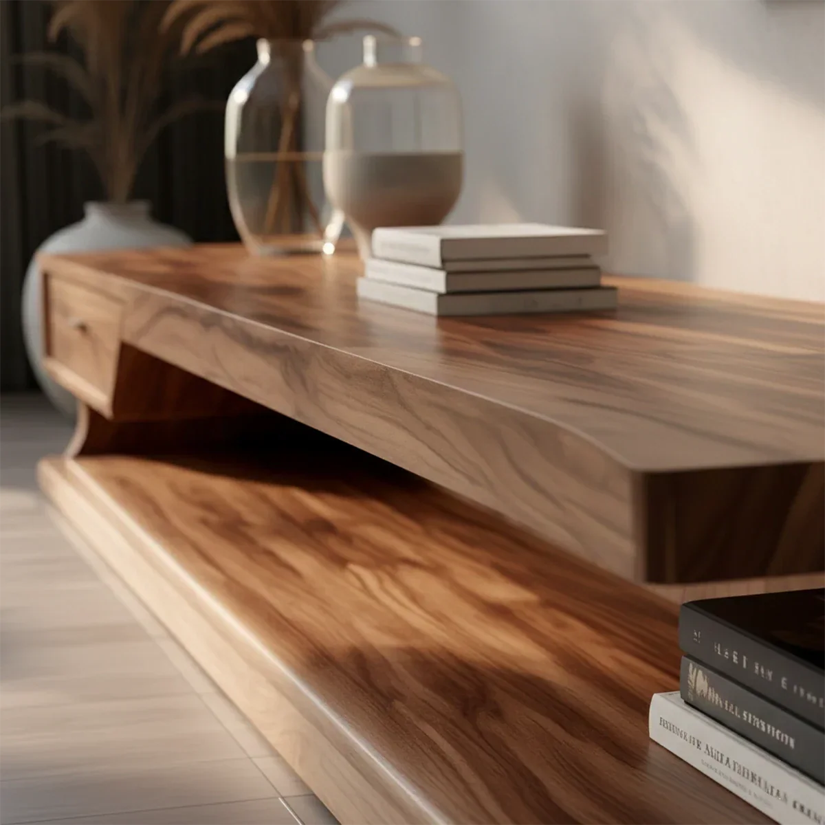 Low profile TV stand crafted from solid wood adds warmth and balance beneath wall-mounted screen