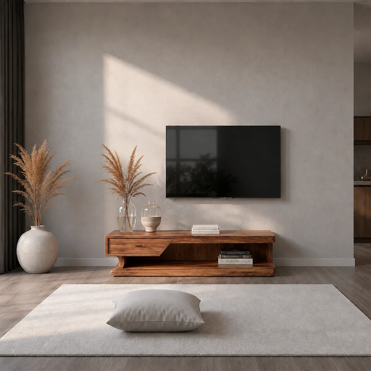 Low Profile TV Stand with Storage Drawers in Natural Solid Wood