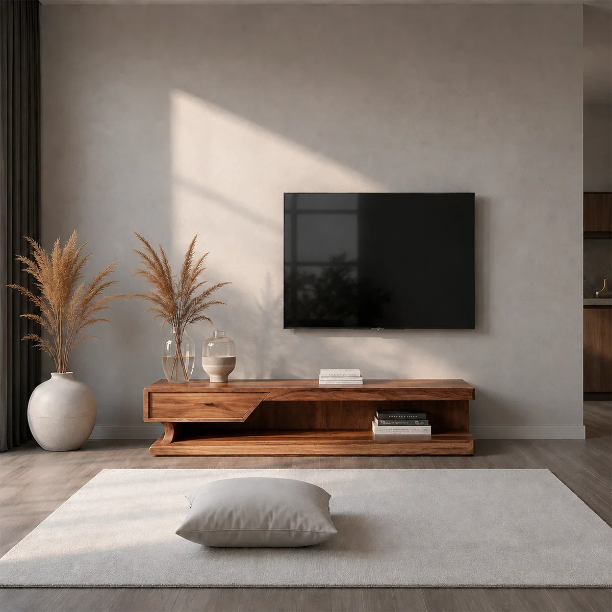 Low Profile TV Stand with Storage Drawers in Natural Solid Wood
