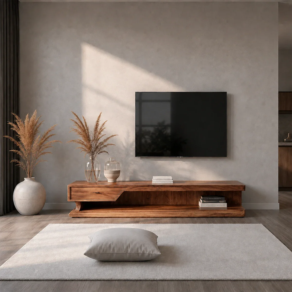 Low Profile TV Stand with Storage Drawers in Natural Solid Wood