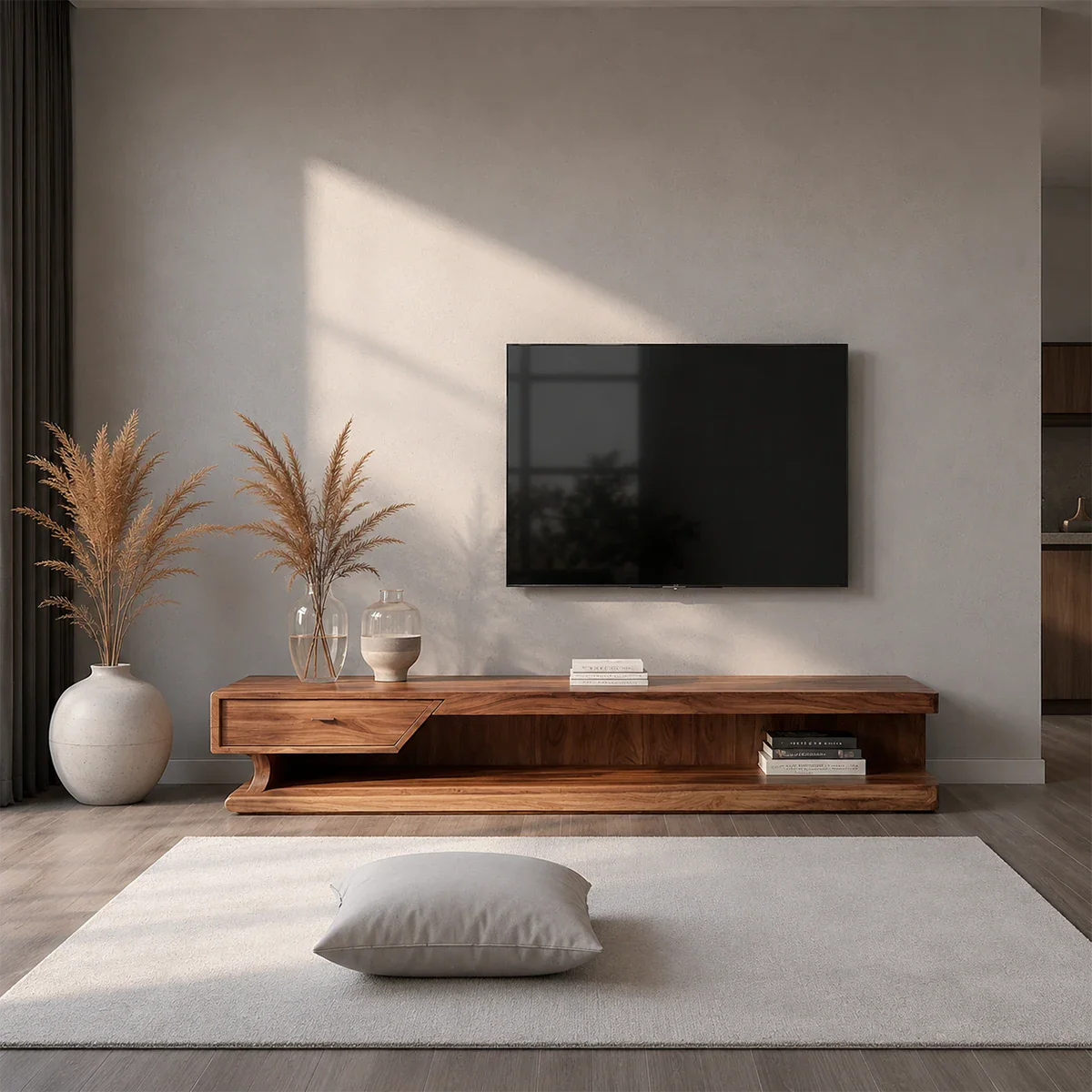 A sleek media console in natural wood with clean lines enhances this contemporary entertainment area