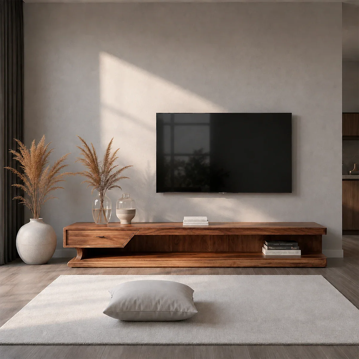 Low Profile TV Stand with Storage Drawers in Natural Solid Wood