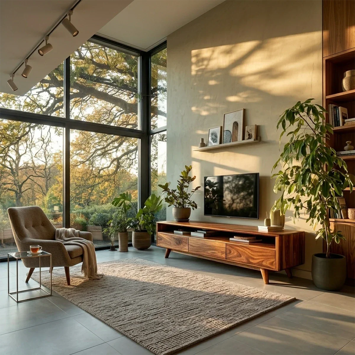 A modern media console with tapered legs and storage blends warmth with functional design