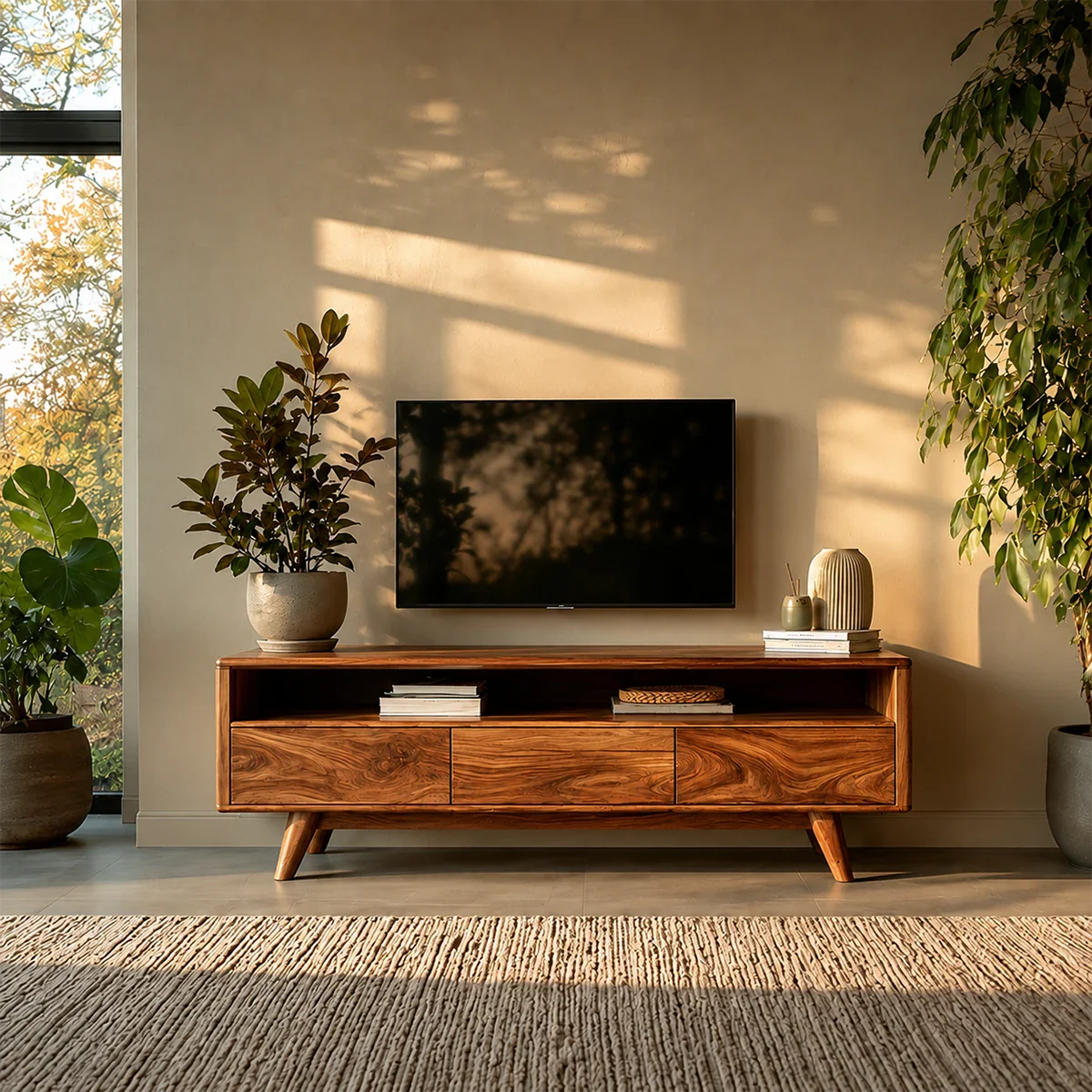 Mid Century Style TV Stand in Natural Solid Wood with Drawer Storage
