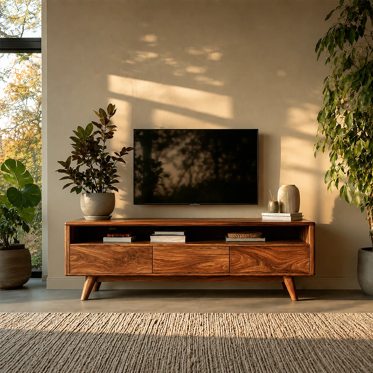 Mid Century Style TV Stand in Natural Solid Wood with Drawer Storage