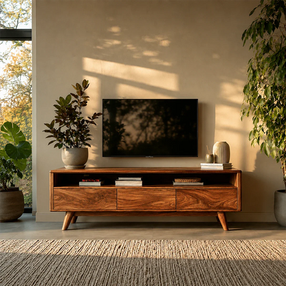 Mid Century Style TV Stand in Natural Solid Wood with Drawer Storage