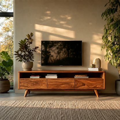Mid Century Style TV Stand in Natural Solid Wood with Drawer Storage