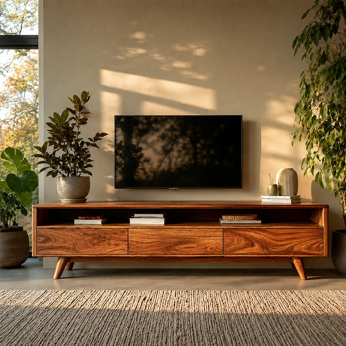 Mid Century Style TV Stand in Natural Solid Wood with Drawer Storage