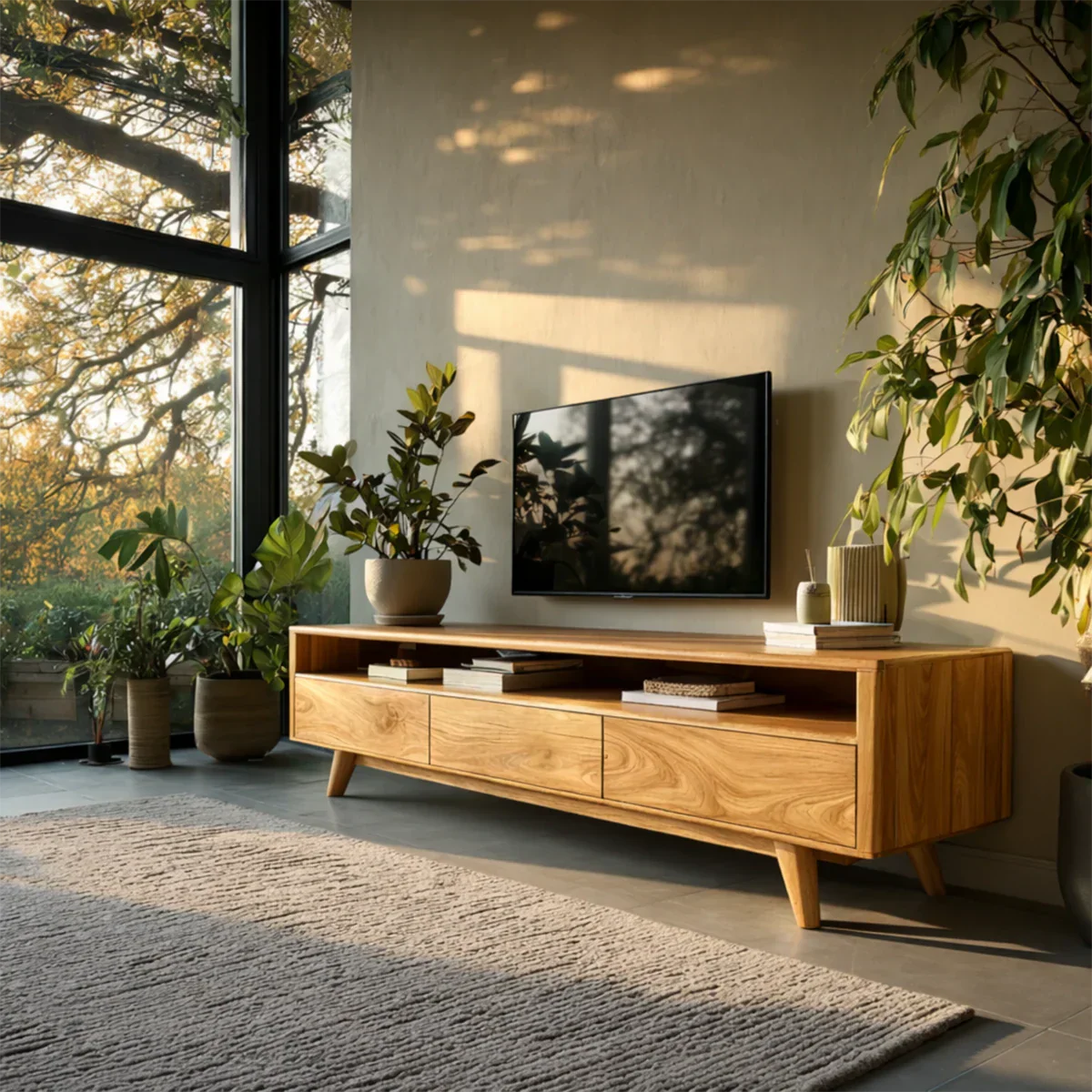Modern TV console with storage and sleek silhouette enhances a bright and airy living room