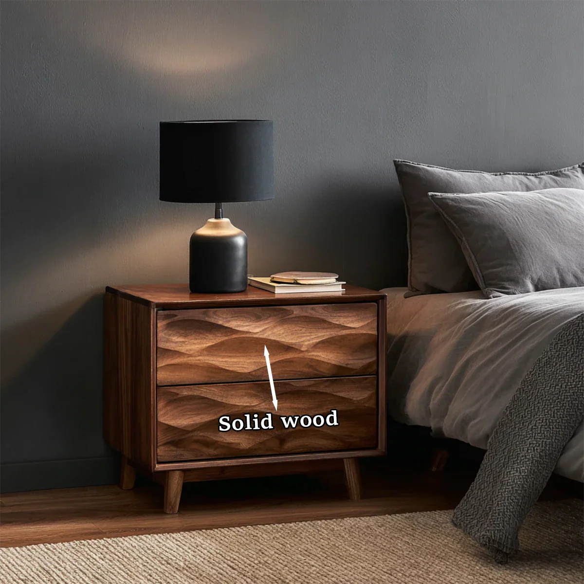 Artistic nightstand table featuring bold drawer texture and elegant walnut tone finish detail