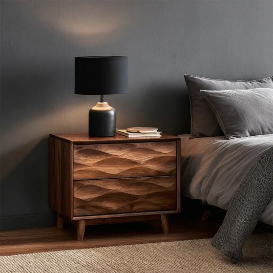 Modern textured nightstand featuring sculpted drawer fronts and smooth walnut tone finish bedside décor