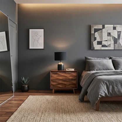 Contemporary bedside table showcasing layered wave pattern and refined walnut tone finish detail