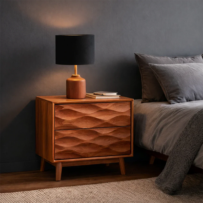 Luxury bedside storage unit featuring artistic front pattern and refined brown tone finish