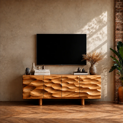 Carved Texture Natural Solid Wood TV Stand with Hidden Storage and Wide Form
