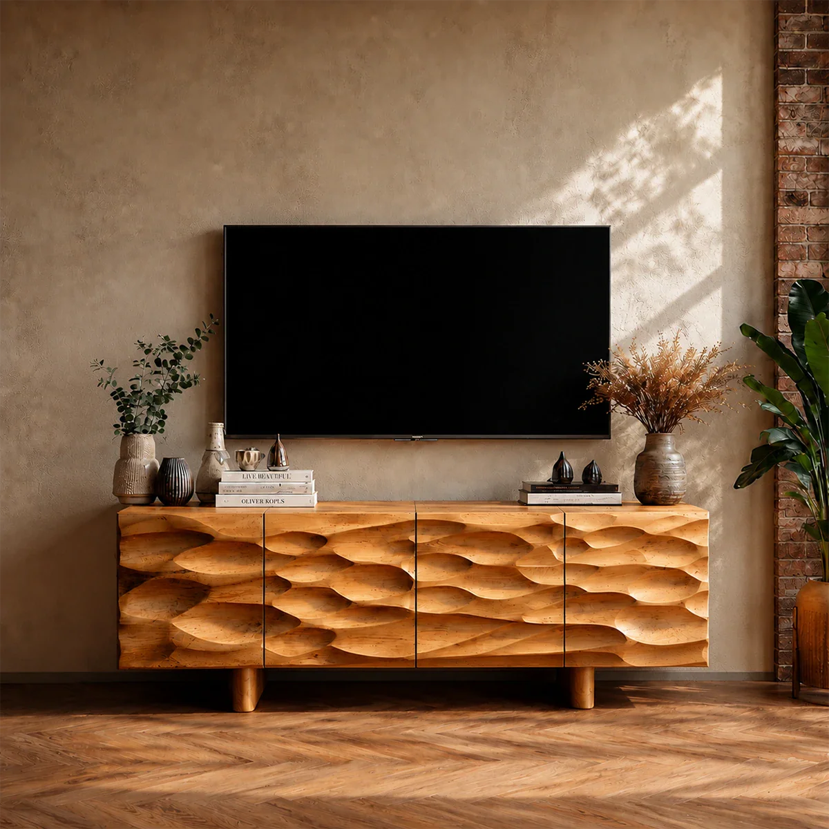 Carved Texture Natural Solid Wood TV Stand with Hidden Storage and Wide Form