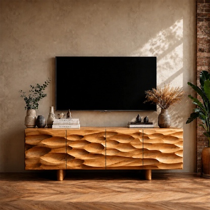Carved Texture Natural Solid Wood TV Stand with Hidden Storage and Wide Form