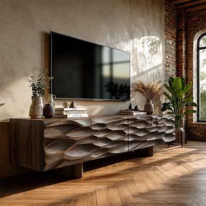 Minimalist TV stand with carved door details and natural wood tone in bright interior