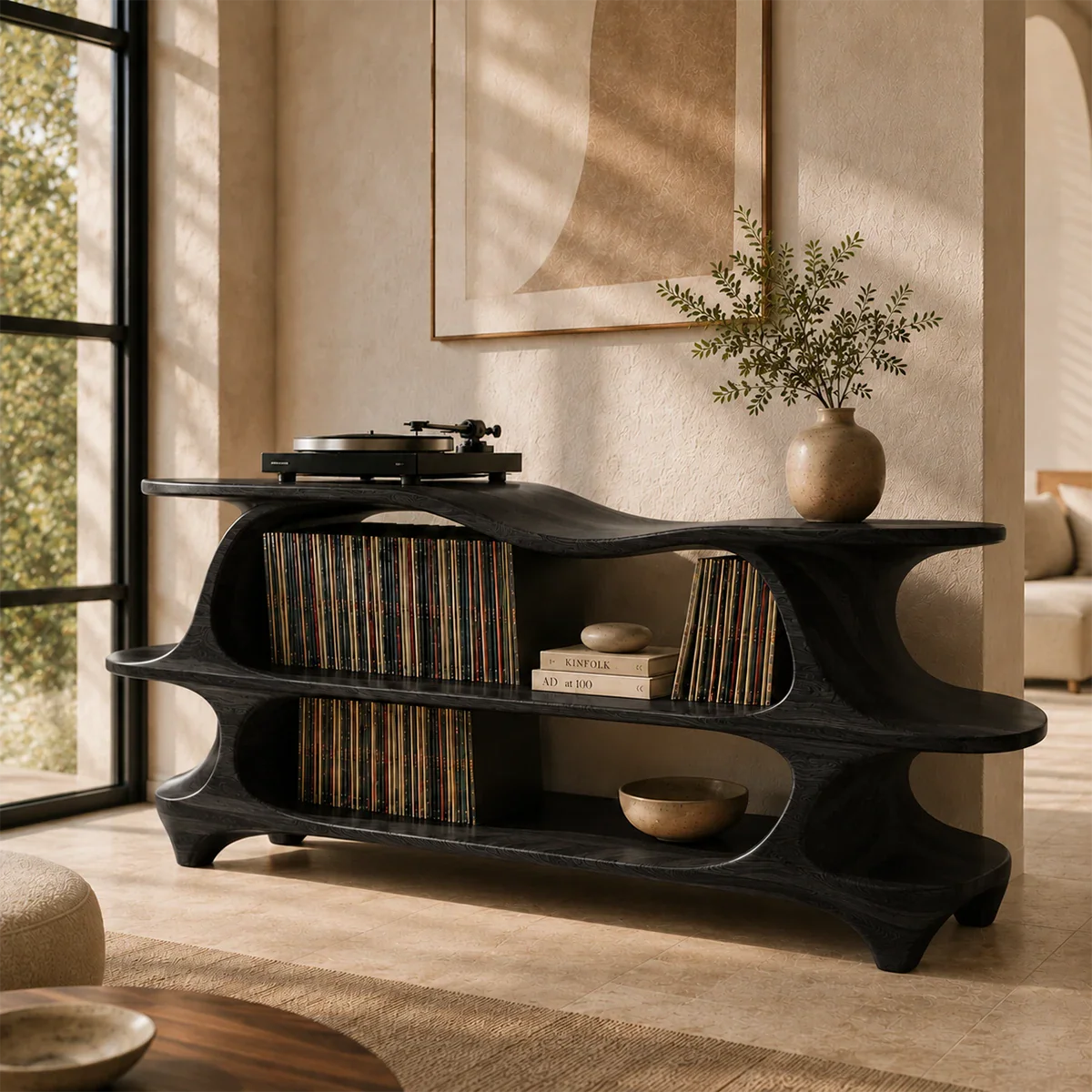 Sculpted vinyl record stand with open storage compartments for music enthusiasts
