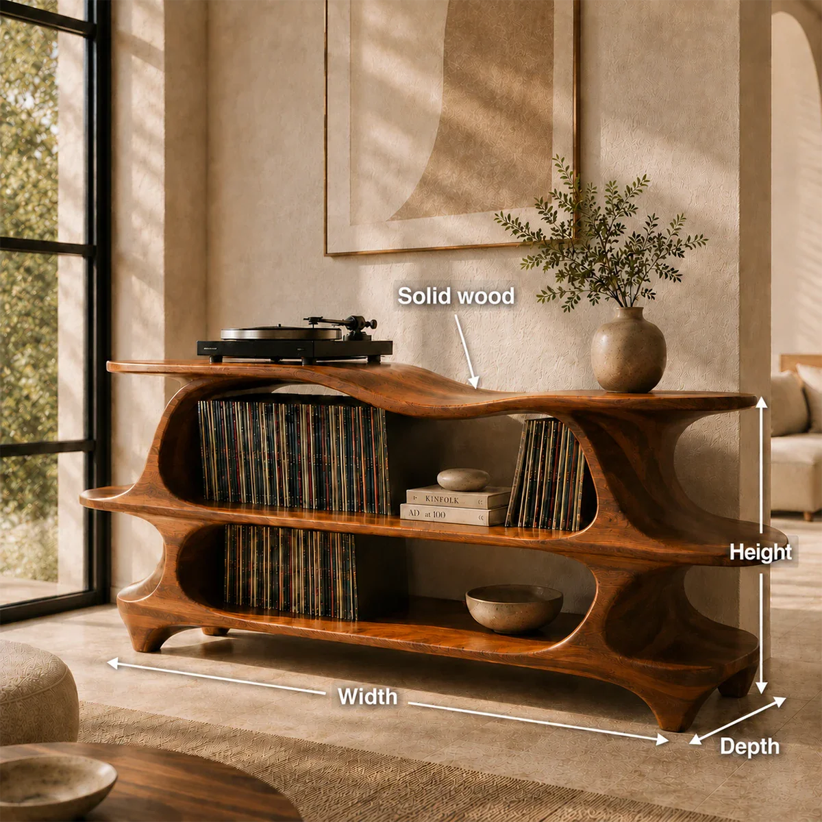 Statement media console designed for turntables and large vinyl record collections