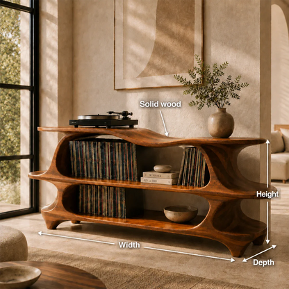 Statement media console designed for turntables and large vinyl record collections