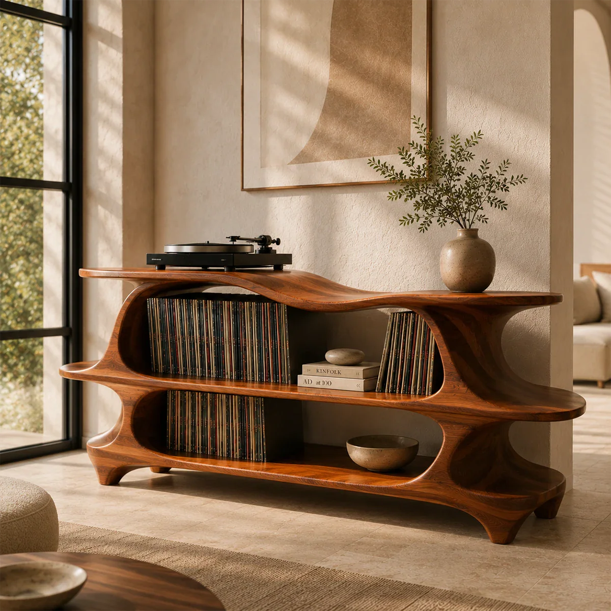 Sculptural record player stand with integrated vinyl storage and flowing organic design