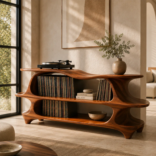 Sculptural record player stand with integrated vinyl storage and flowing organic design