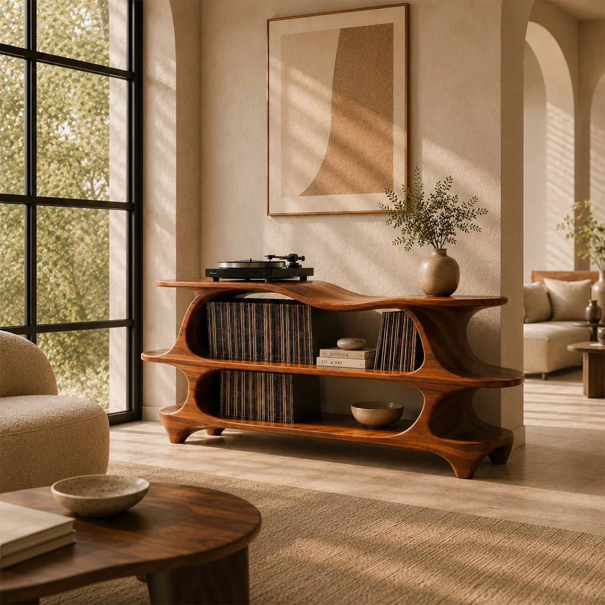 Modern vinyl record storage cabinet featuring artistic curves and open shelving display