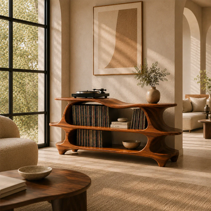 Modern vinyl record storage cabinet featuring artistic curves and open shelving display