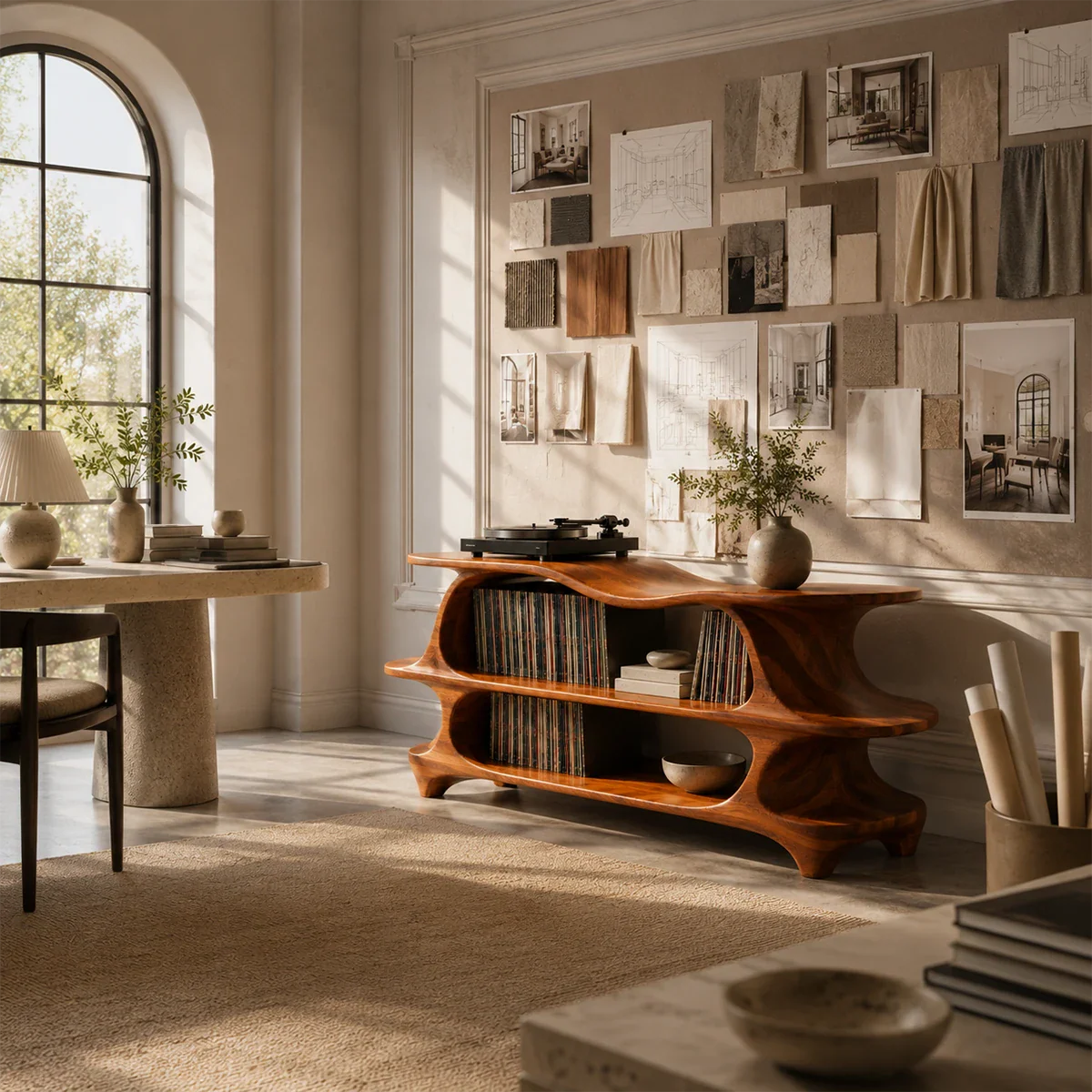 Contemporary turntable stand with spacious LP storage and sculptural silhouette details