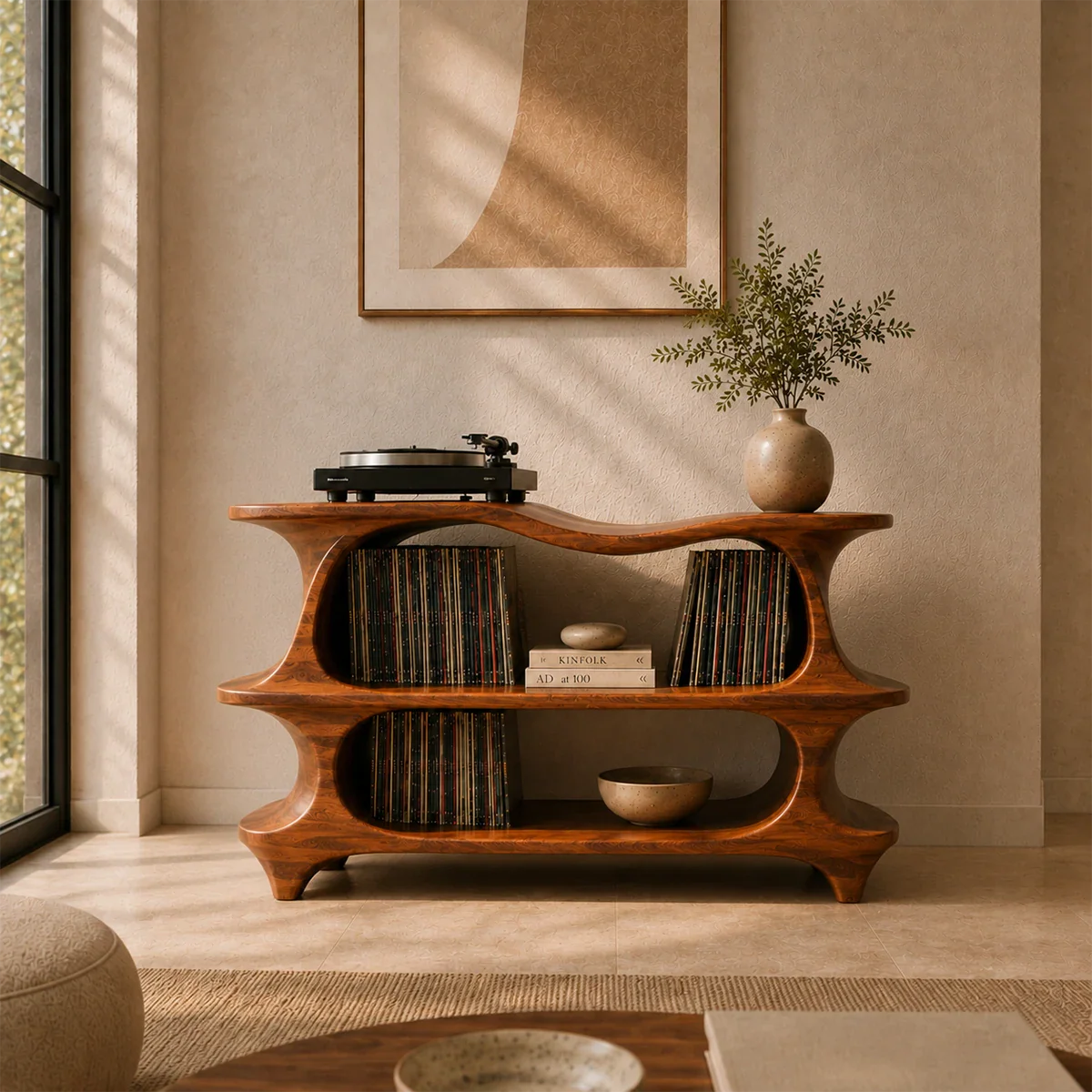 Handcrafted record player storage cabinet with artistic curves and open shelving
