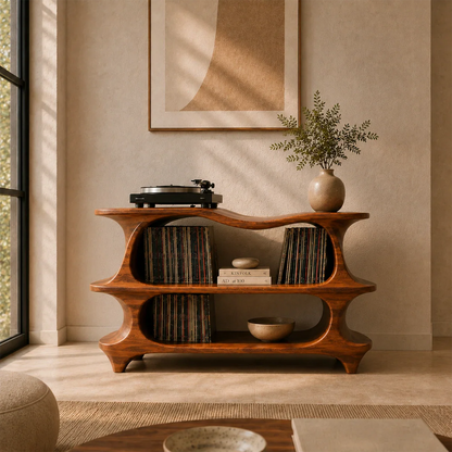 Handcrafted record player storage cabinet with artistic curves and open shelving