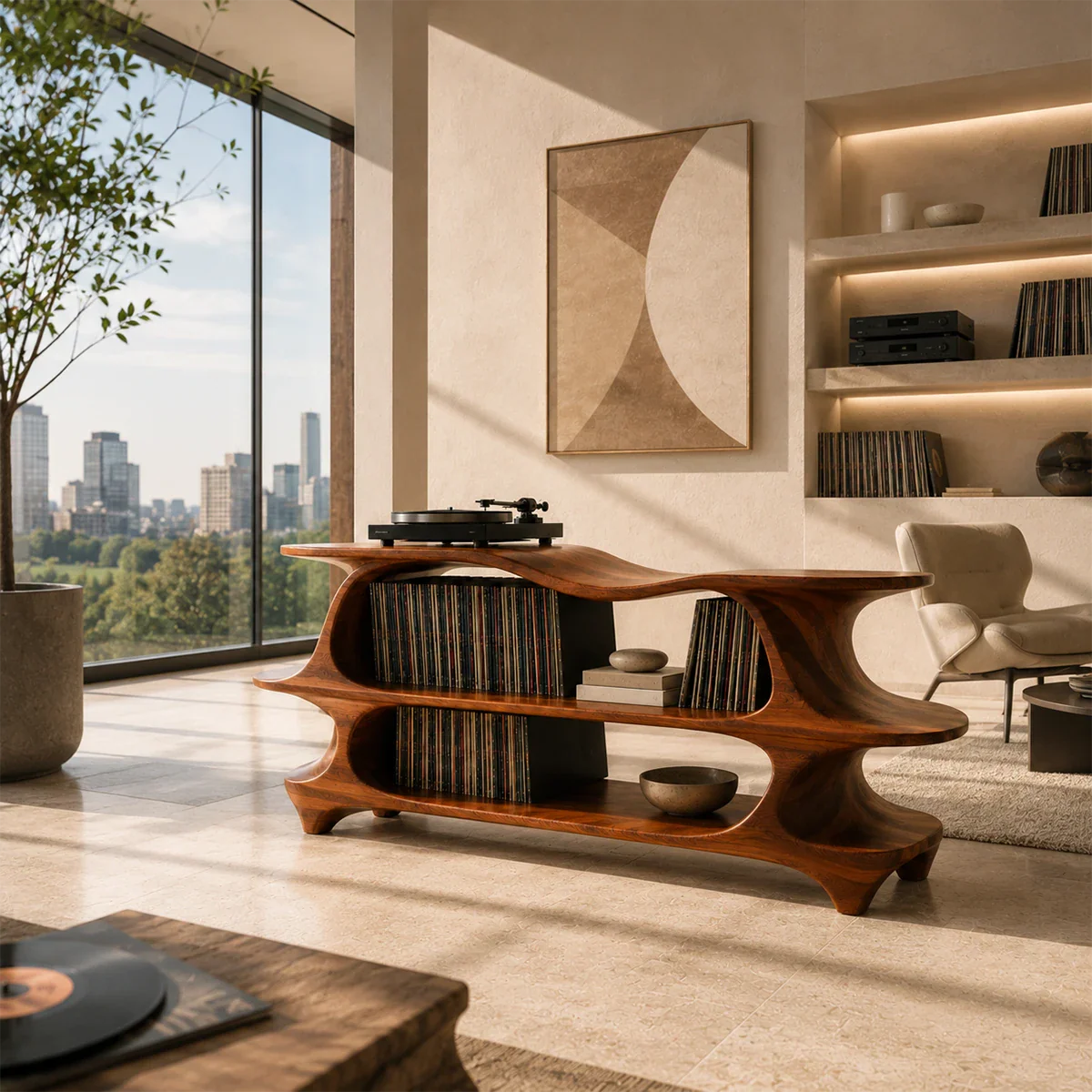Designer record player console combining vinyl organization and statement craftsmanship