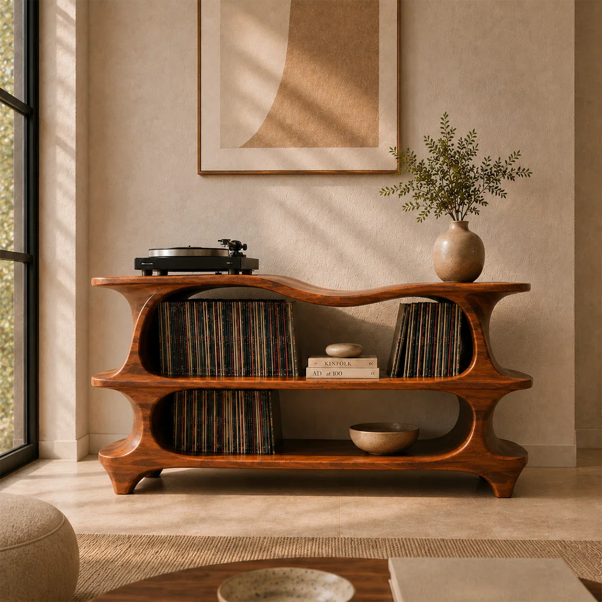 Contemporary vinyl display stand featuring integrated LP storage and modern aesthetics