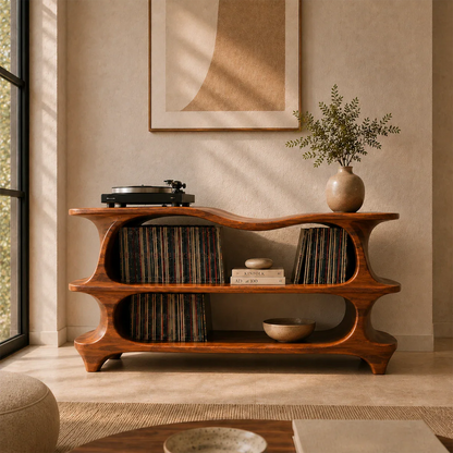 Contemporary vinyl display stand featuring integrated LP storage and modern aesthetics