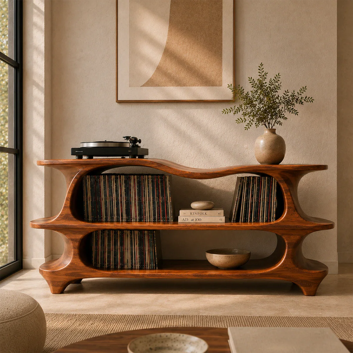 Organic modern media stand with dedicated record storage and flowing architectural form