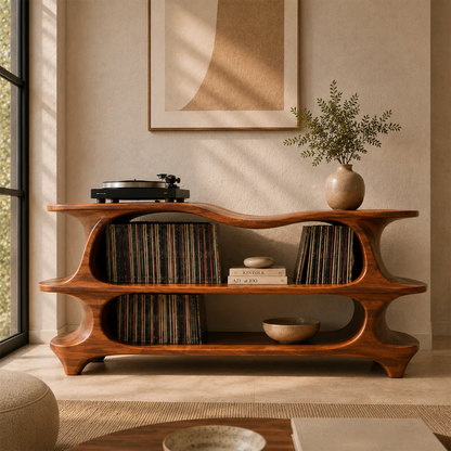 Organic modern media stand with dedicated record storage and flowing architectural form