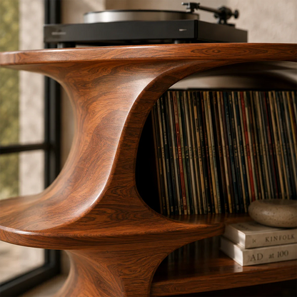 Artistic vinyl storage unit designed for turntables and curated music collections