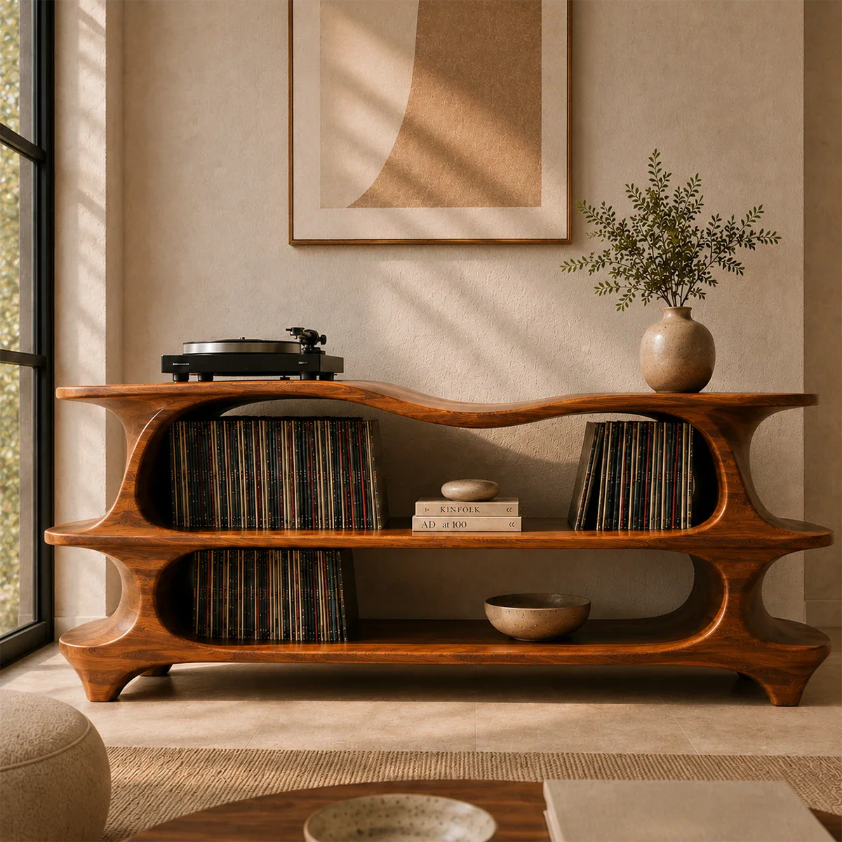 Luxury turntable console with sculptural shelving and accessible record organization