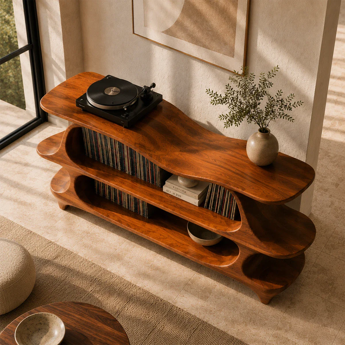 Contemporary record cabinet featuring open LP storage and sculptural furniture styling
