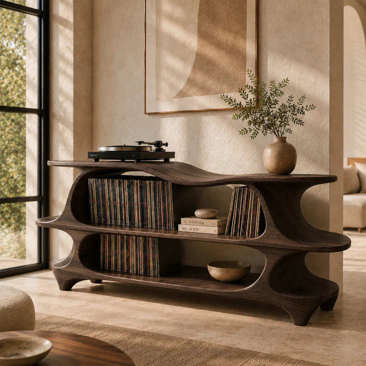 Elegant turntable furniture with integrated vinyl shelves and organic modern character
