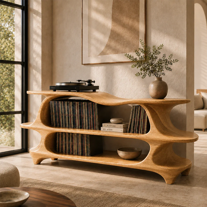 Modern record player table showcasing fluid curves and functional album organization