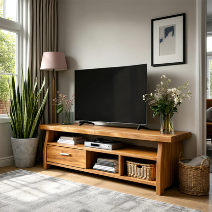 Modern TV stand with open shelving and drawer storage for cozy contemporary interiors