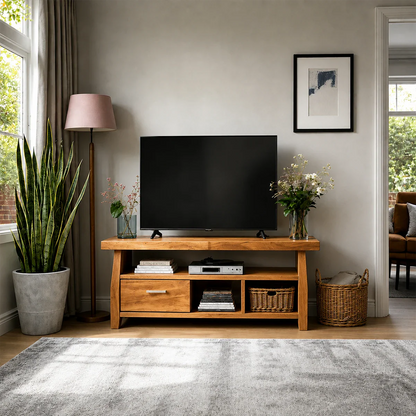 Minimalist Solid Wood TV Stand with Drawer and Open Shelf Storage Design