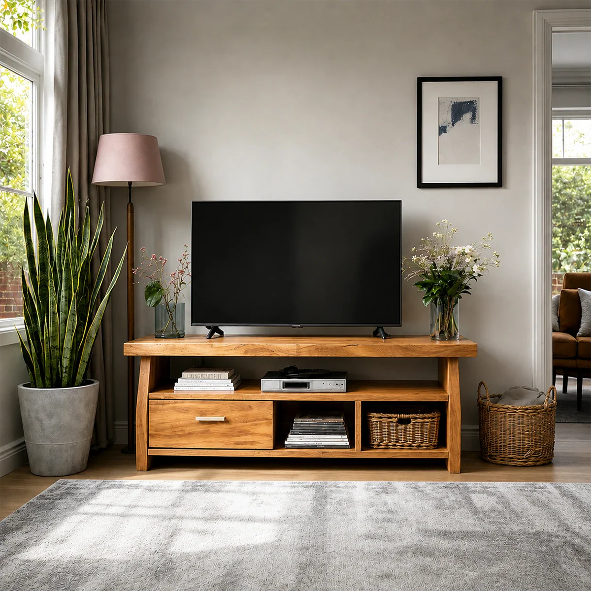 Minimalist Solid Wood TV Stand with Drawer and Open Shelf Storage Design