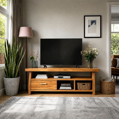 Minimalist Solid Wood TV Stand with Drawer and Open Shelf Storage Design