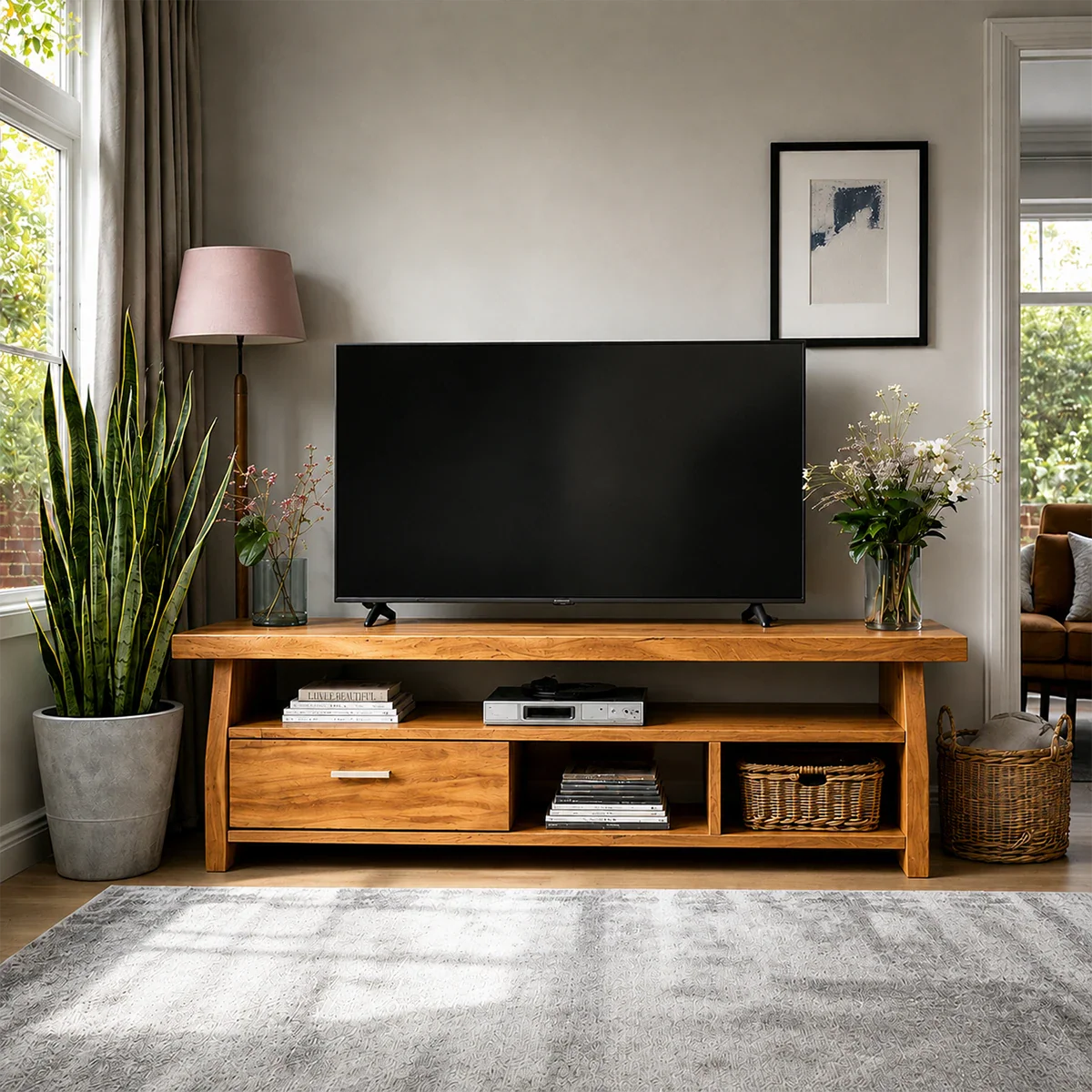 Minimalist Solid Wood TV Stand with Drawer and Open Shelf Storage Design